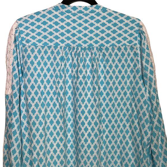 Crown & Ivy Womens XL Blue White Boho Blouse Long Sleeve Lace Trim Top - Picture 10 of 12